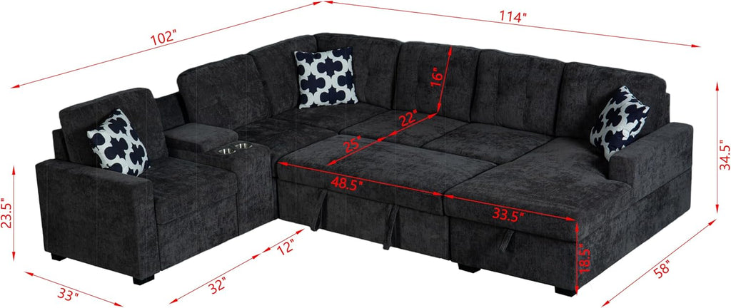 Ball & Cast L-Shape Convertible Sectional Sleeper Sofa Bed 2 in 1 Pull Out Couch with Storage Chaise & Cup Holders,6 Seat Chenille Upholstered Reversible Sleeper Corner Couch for Living Room,Dark Gray