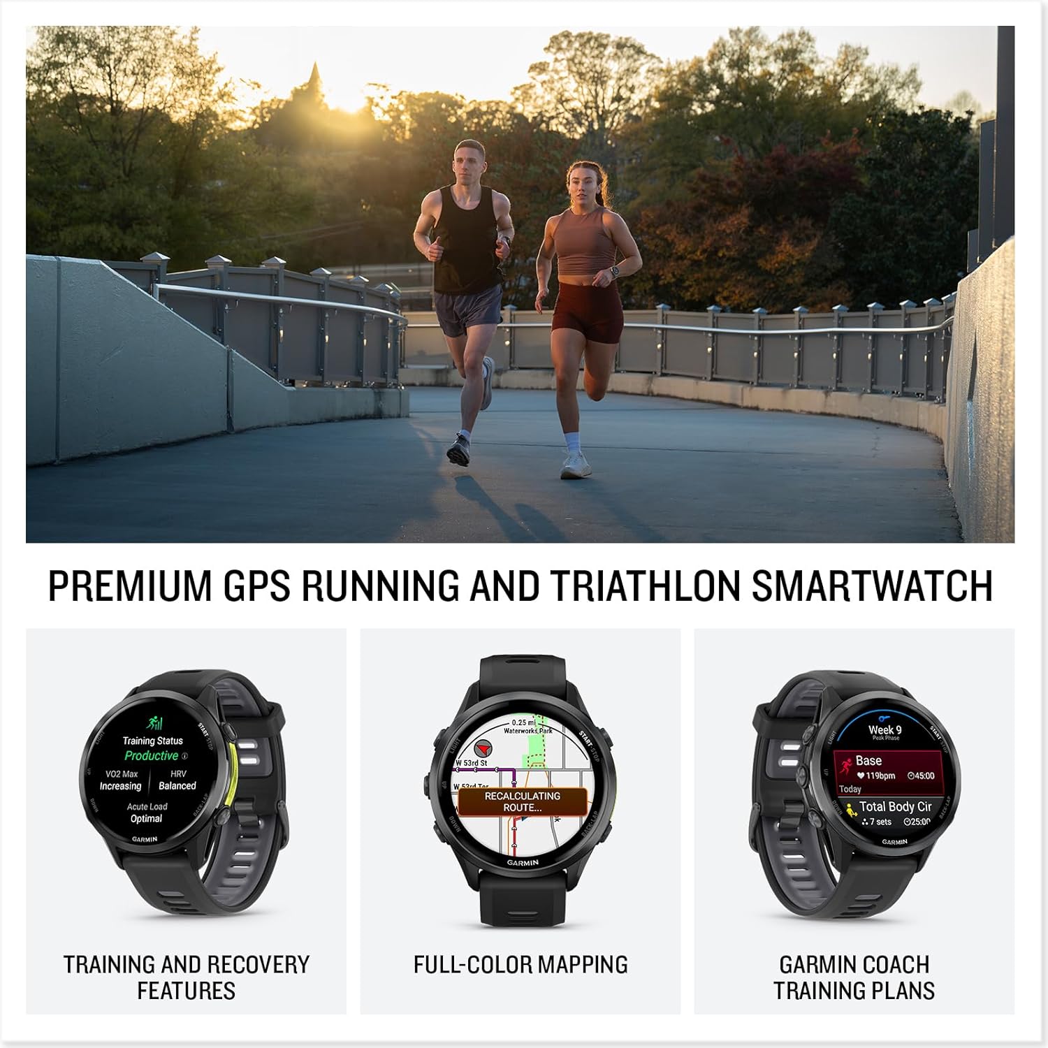 Garmin Forerunner 970 Premium Triathlon GPS Smartwatch, Titanium | Bright AMOLED Display, Built-in Mapping, Training Readiness with Signature Series Modern Power Stand Bundle
