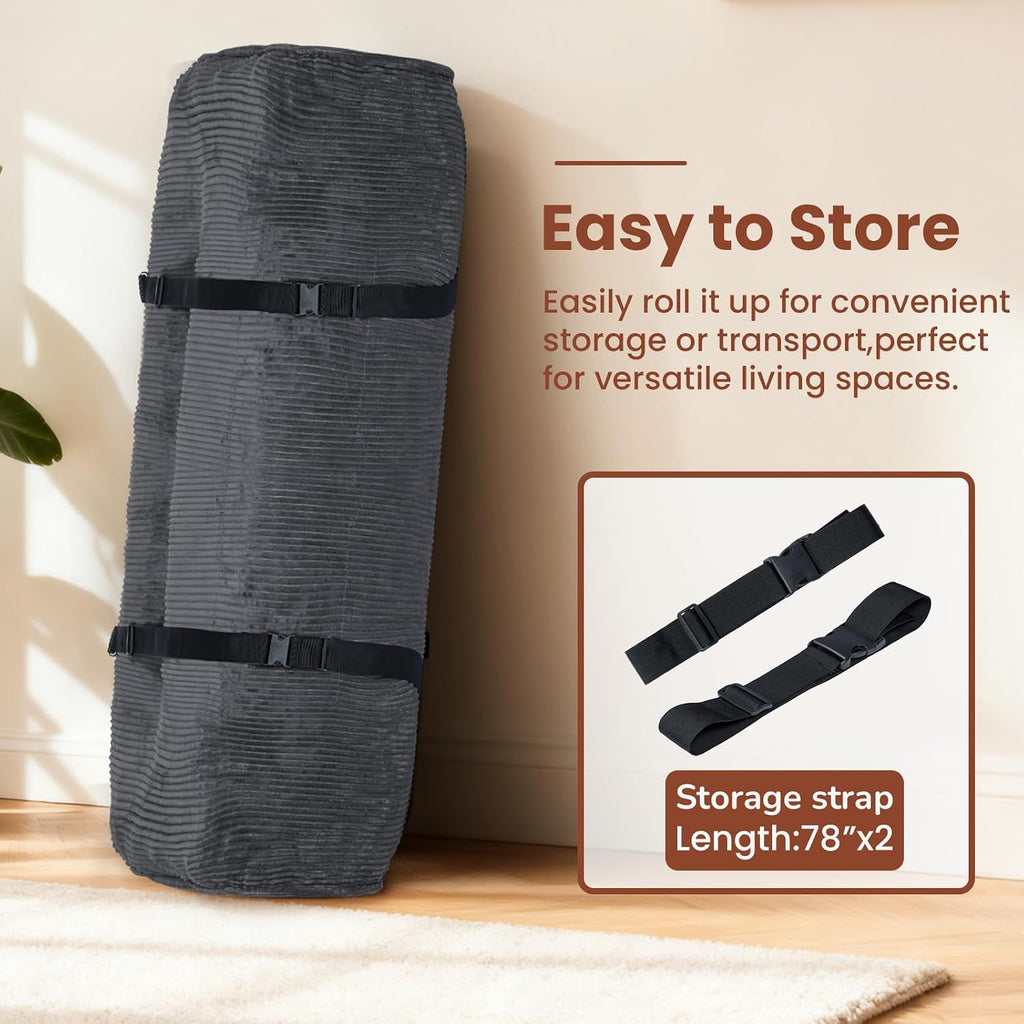 10' Futon Mattress Queen Size,Futons Sofa Couch Bed with Straps, Thick Corduroy Floor Mattress for Adults, Roll Up Folding Mattress Shredded Foam Filling, Medium Firm (Gray, Full)
