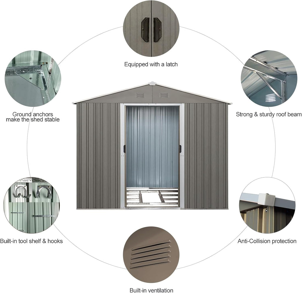 Ball & Cast 8x10 FT Outdoor Storage Shed,Metal Waterproof Garden Shed with Sliding Doors and Padlock,All Weather Heavy-Duty Tool Shed W/Vents, Foldable House for Garden Backyard,Lawn,Gray
