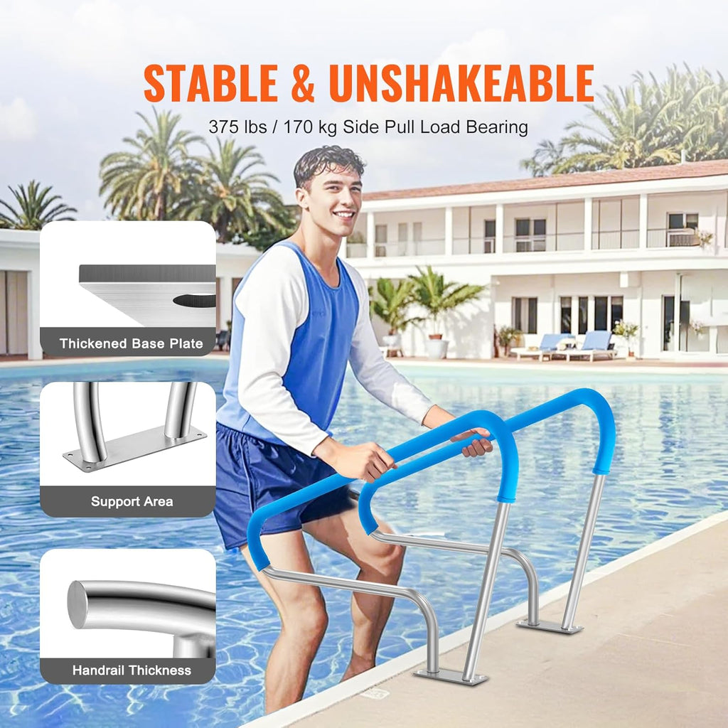 VEVOR Pool Handrail, 2 PCS 48x36in Railing, Stainless Steel with Base Plate for Indoor/Outdoor Pools, Safety Railing for Decks, Rust-Proof Grab Bar w/Grip Cover & Accessories for Spas