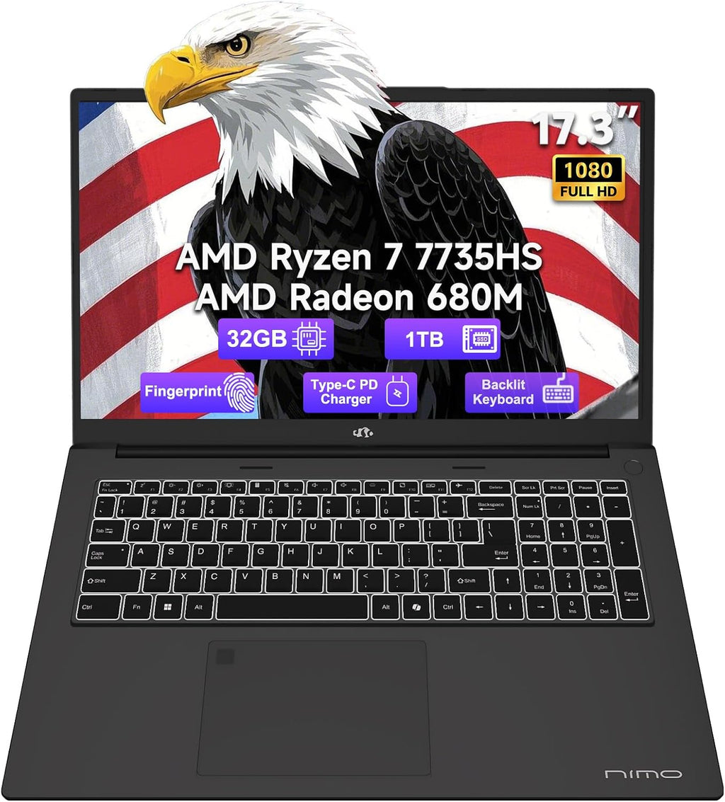 NIMO 17.3-Laptop, AMD Ryzen 7 7735HS (8C/16T) Radeon 680M, 32GB DDR5 RAM 1TB SSD, 100W PD Type-C Fast Charging, Wi-Fi 6E BT 5.2, Fingerprint Unlock, Backlit Keyboard for Business Student Light Gaming