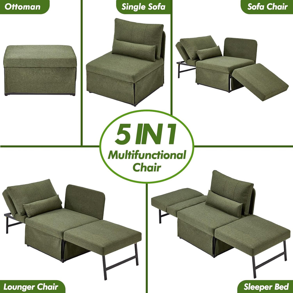 ZZW Sleeper Chair Bed Upgrade 4-in-1 to 5-in-1 Convertible Multi-fuction Sofa Chair w/Adjustable Backrest Assembly-Free Linen Folding Sofa Ottoman Bed for Living Room Apartment (Deep Green)