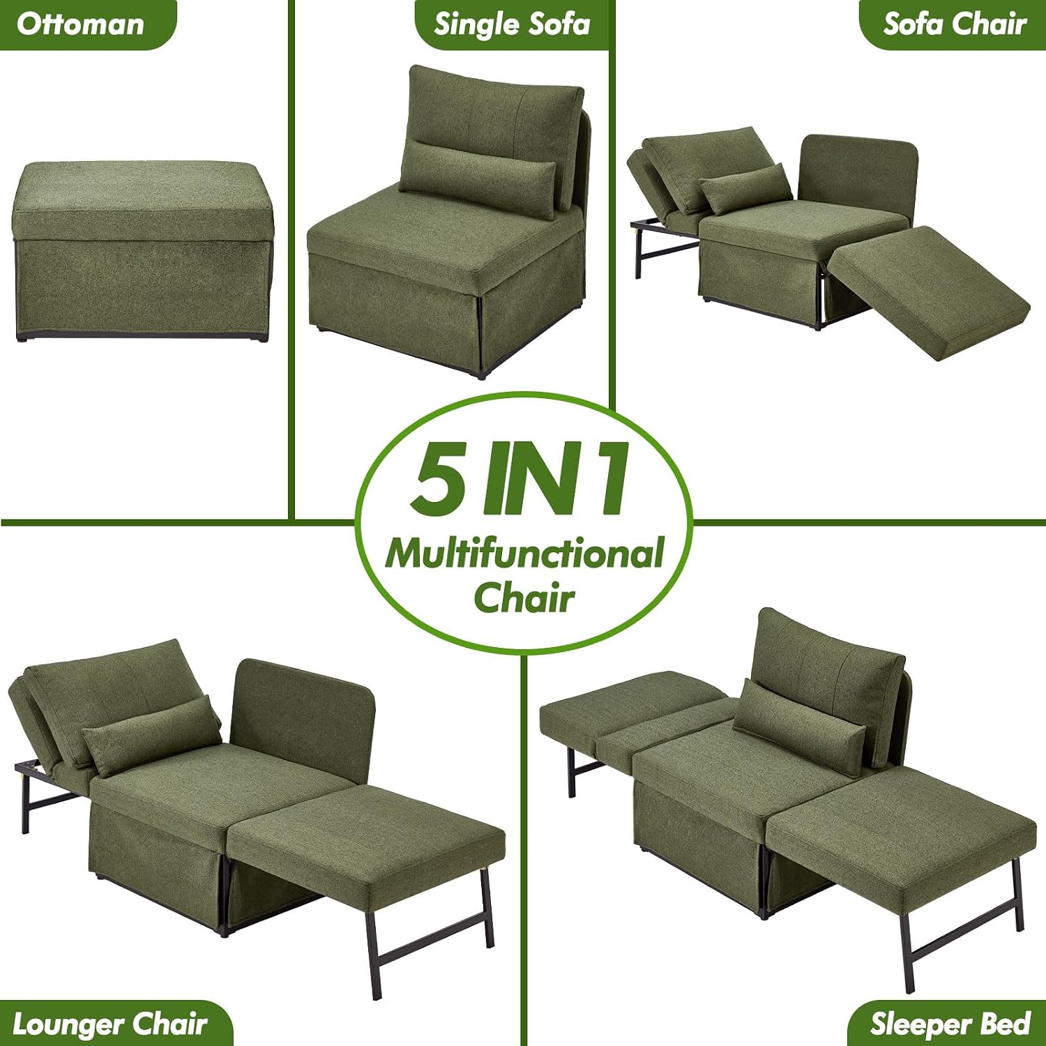 ZZW Sleeper Chair Bed Upgrade 4-in-1 to 5-in-1 Convertible Multi-fuction Sofa Chair w/Adjustable Backrest Assembly-Free Linen Folding Sofa Ottoman Bed for Living Room Apartment (Deep Green)
