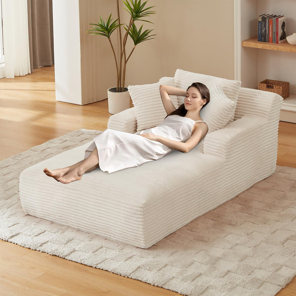 80 Inch Chaise Lounge Chair Indoor, Oversized Corduroy Upholstered Boneless Sofa Bed, Deep Seat Sleeper Couch Reading Chairs, Cloud Sofas Couches for Living Room, No Assembly Required (Beige)