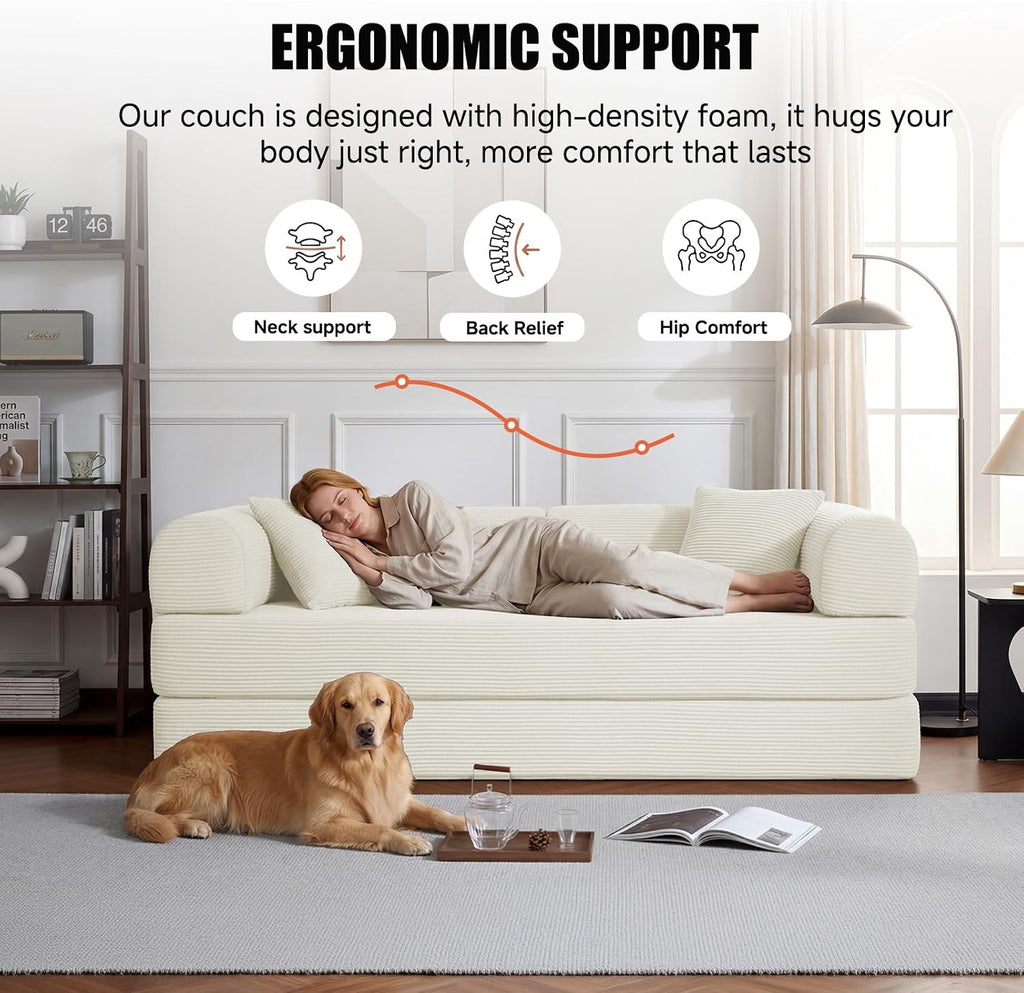 79' Compressed Sofa, Convertible Sofa Bed, Corduroy Compression Boneless Couch with Pillow, Comfy Modular Foldable Floor Sleeper Sofa for Bedroom, Living Room, Lounge, Studio (White)