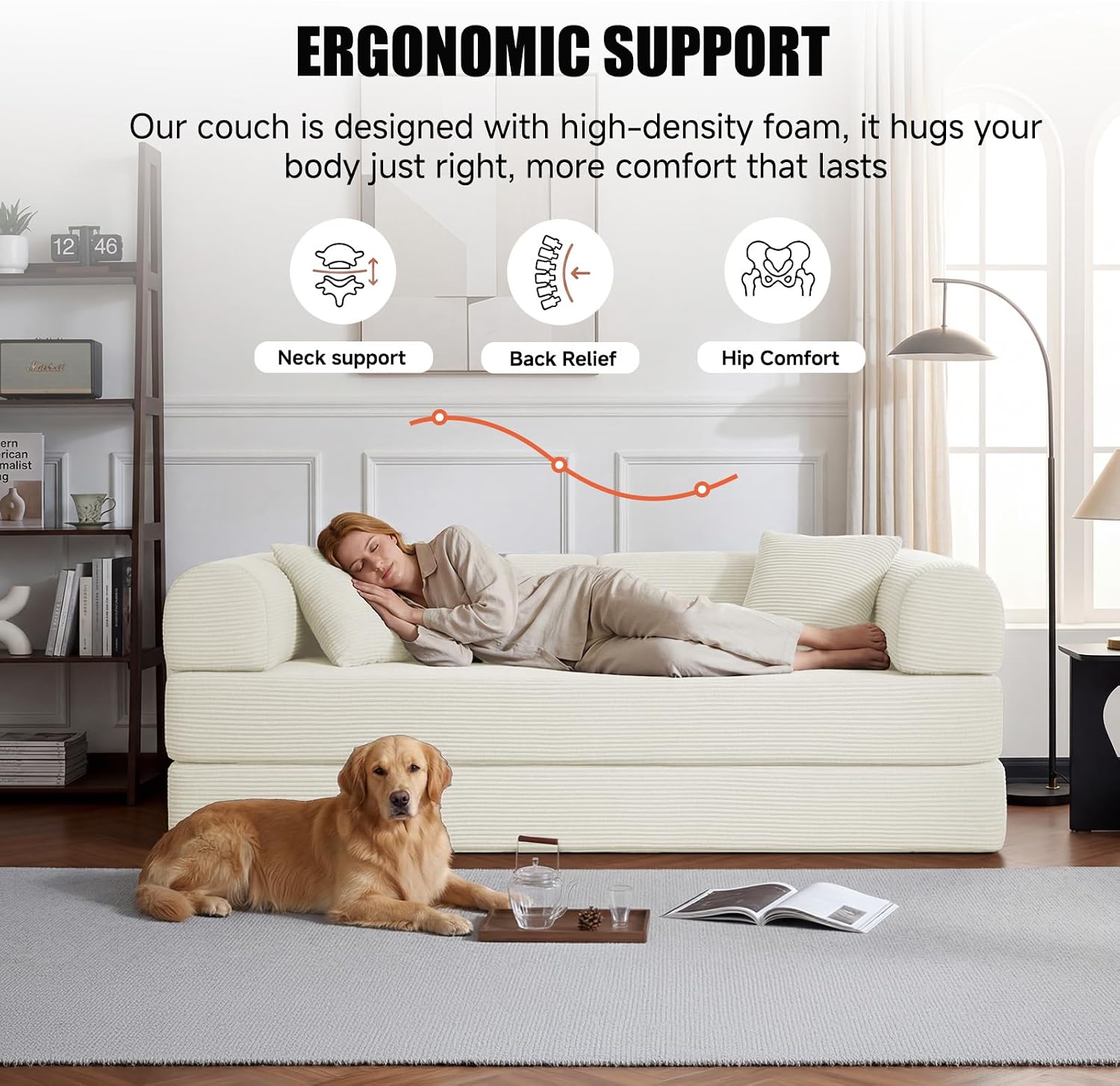 79' Compressed Sofa, Convertible Sofa Bed, Corduroy Compression Boneless Couch with Pillow, Comfy Modular Foldable Floor Sleeper Sofa for Bedroom, Living Room, Lounge, Studio (White)