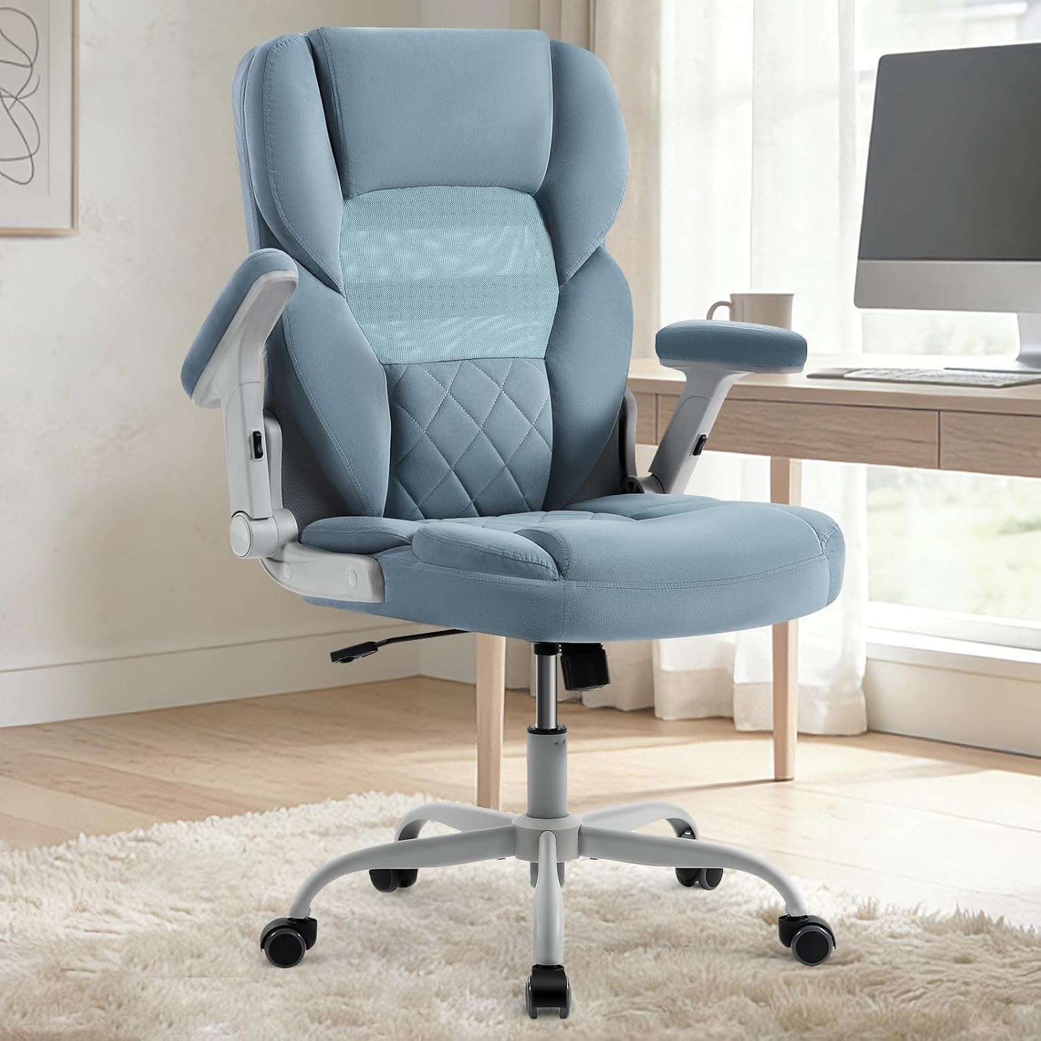 SEATZONE Home Office Desk Chairs with Wheels and Armrests Office Chair Comfortable Ergonomic Mesh with Velvet Executive Computer Chairs for Adults and Teens,Modern Blue Gray