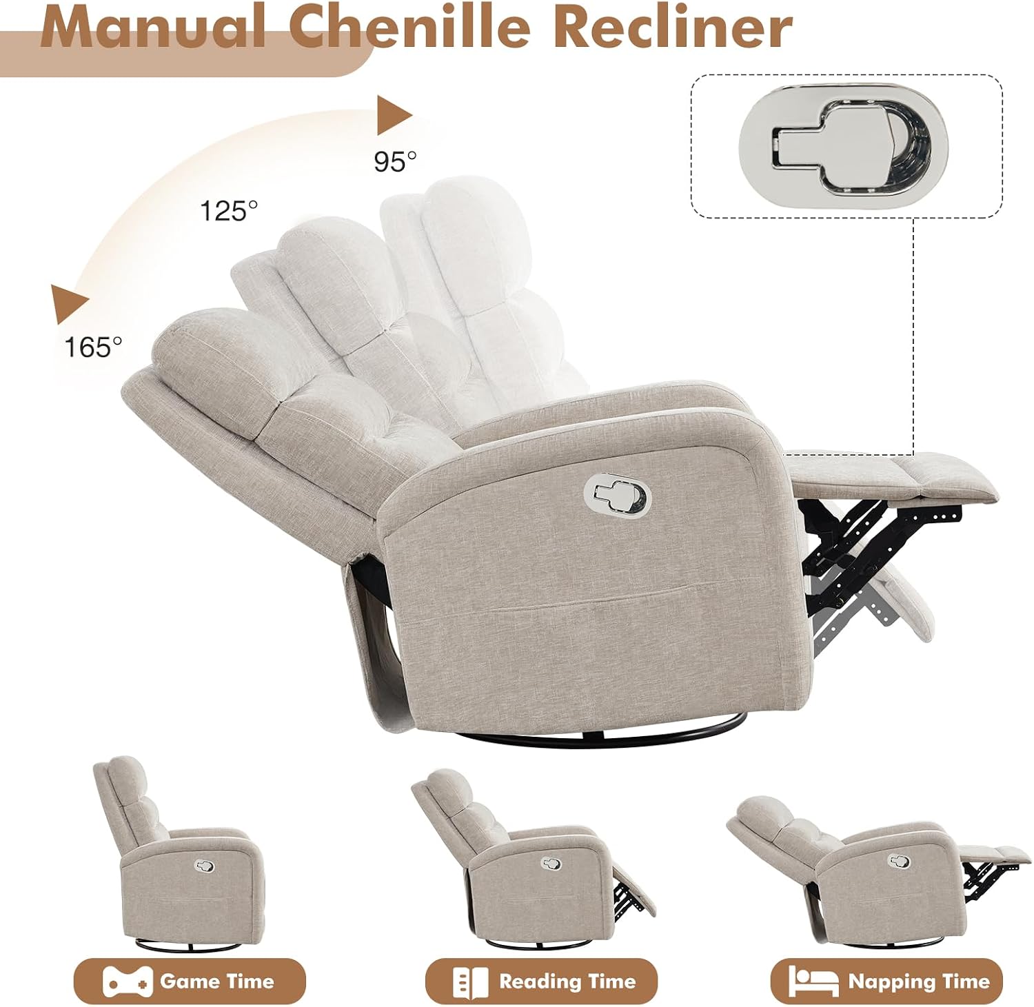 Swivel Rocker Recliner, 360° Swivel Nursery Glider Recliner, Rocking Recliner Chairs with Pockets and Large Arms for Living Room, Manual Chenille Camel