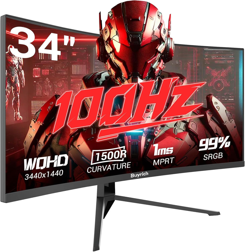 34 Inch Curved Monitor for Productivity, 100Hz, UWQHD (3440x1440), 1500R, 4000:1 Contrast Ratio, Quick-Release Metal Stand, VESA Compatible, for Spreadsheets, Data Analysis, and Multi-Window Work