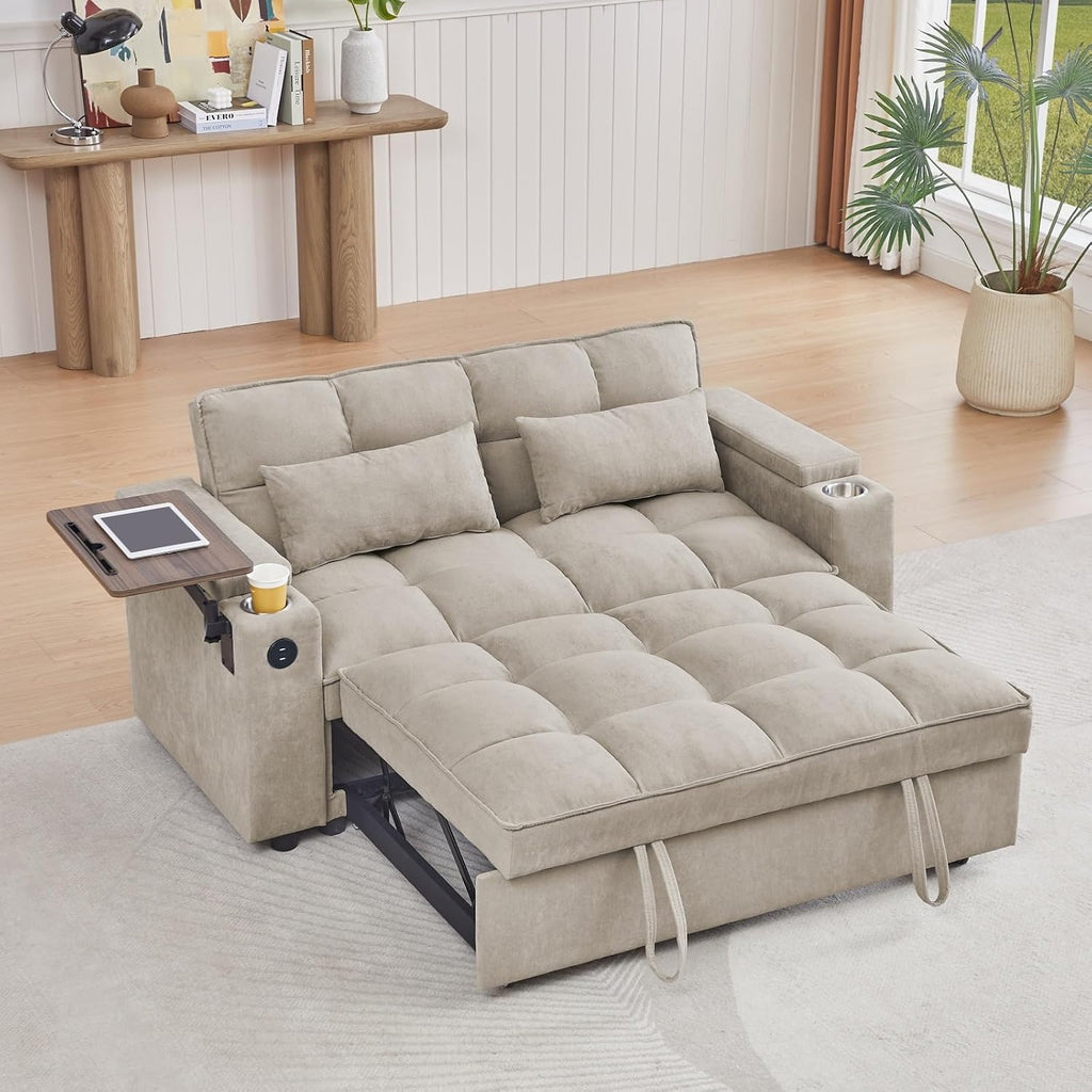 oaaktu Large Size Convertible Sleeper Sofa Bed,Polka dot Velvet Pull Out Futon Couch with Storage handrails & Rotating Side Tables,Convertible Sofa Couch for Living Room,RV (Khaki)