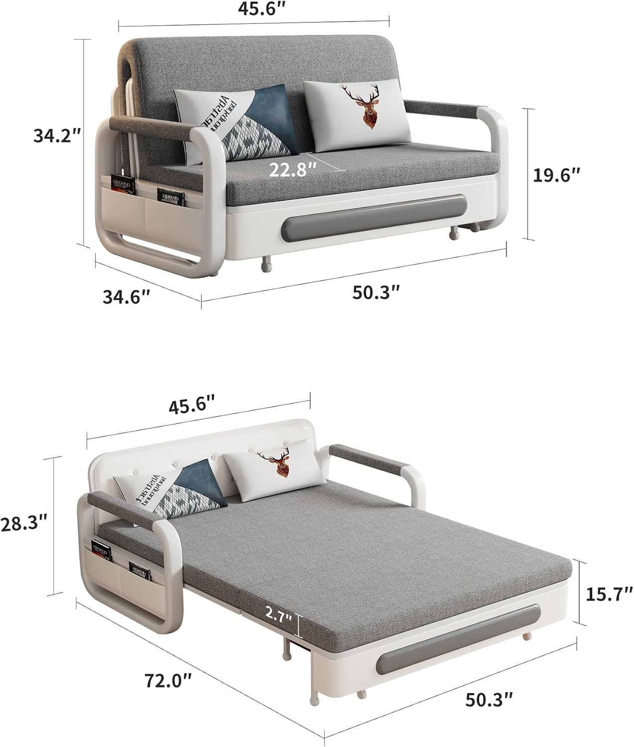 Pull-Out Sofa Daybed with Trundle, Versatile Futon Couch with Sleeping Function and Storage Space, Sofa Bed for Small Rooms and Living Rooms, Dark Grey and White (50.3')