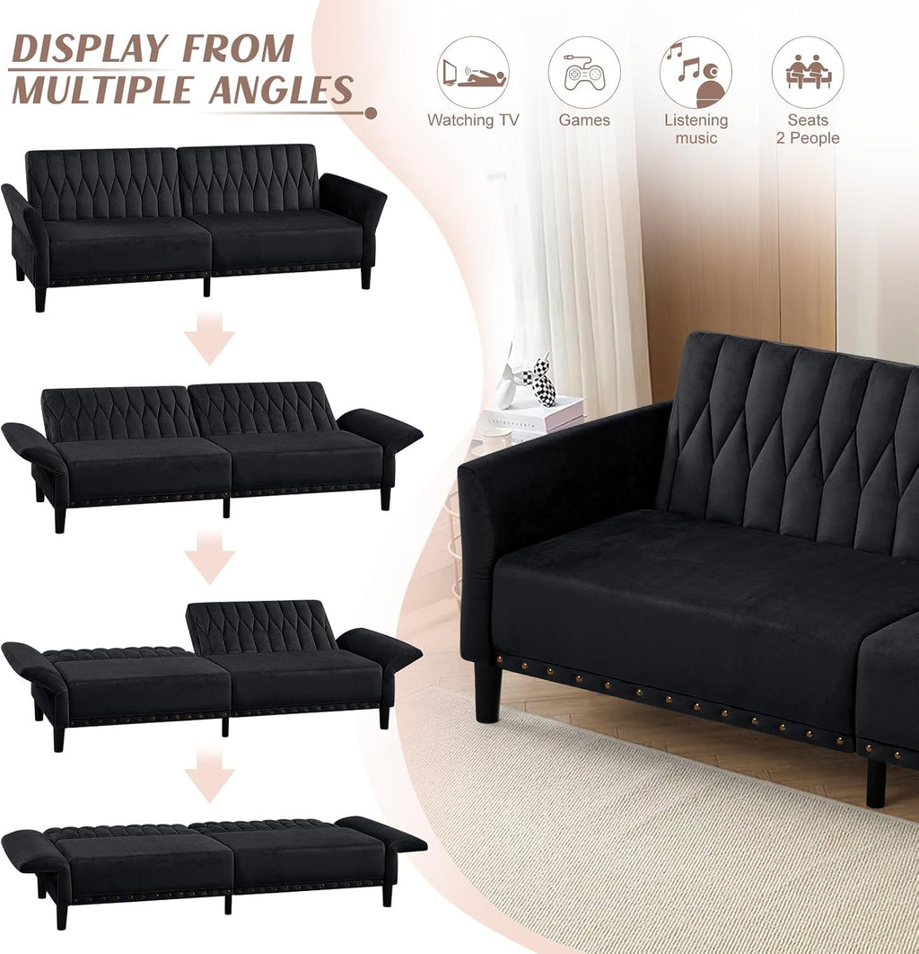 77 Inches Velvet Sofa Bed w/Adjustable Backrests & Armrests, Convertible Sleeper Sofa w/Nailhead Trim, Modern Loveseat Couch with Sturdy Legs for Living Room,Office,Black