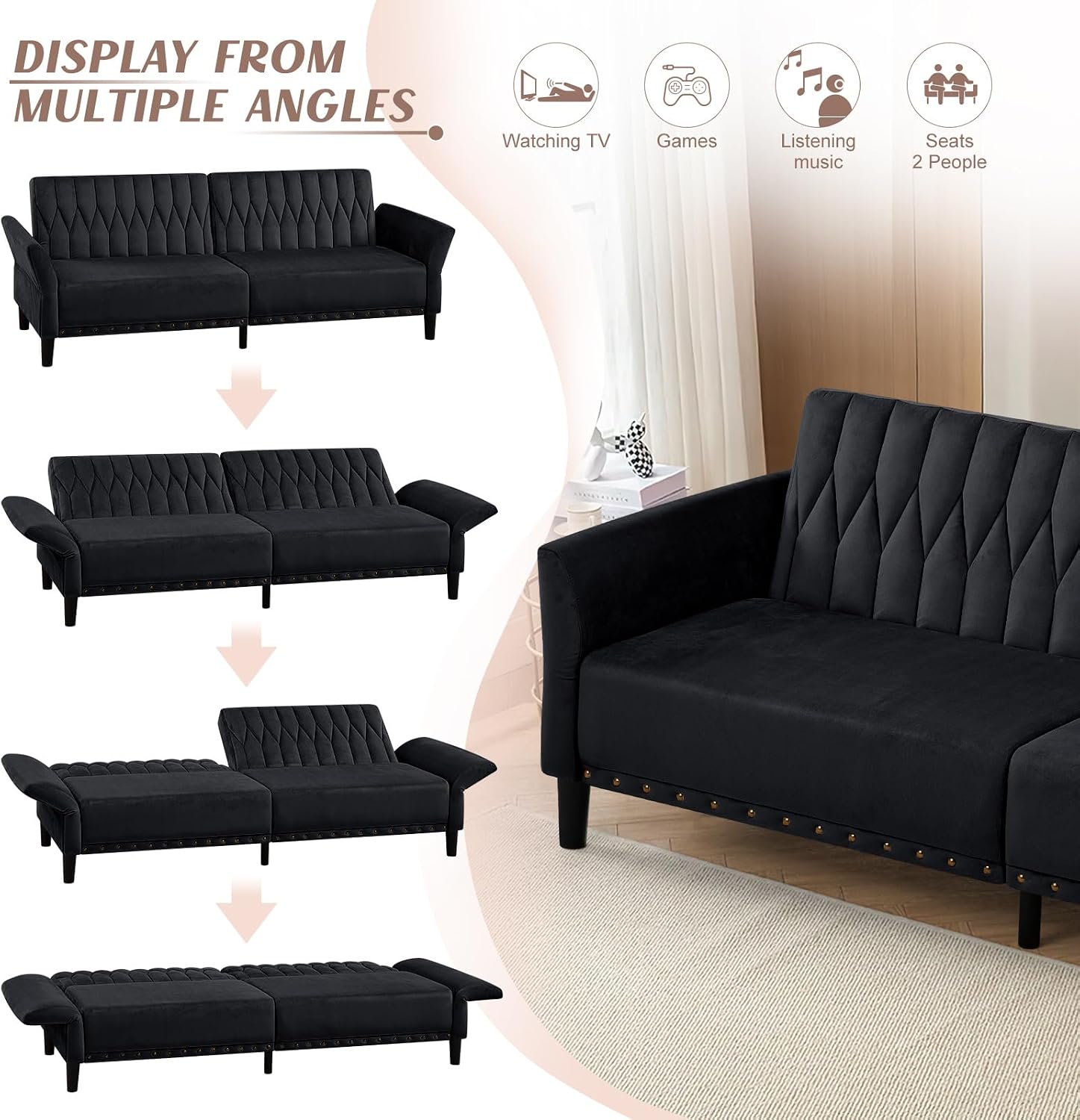 77 Inches Velvet Sofa Bed w/Adjustable Backrests & Armrests, Convertible Sleeper Sofa w/Nailhead Trim, Modern Loveseat Couch with Sturdy Legs for Living Room,Office,Black
