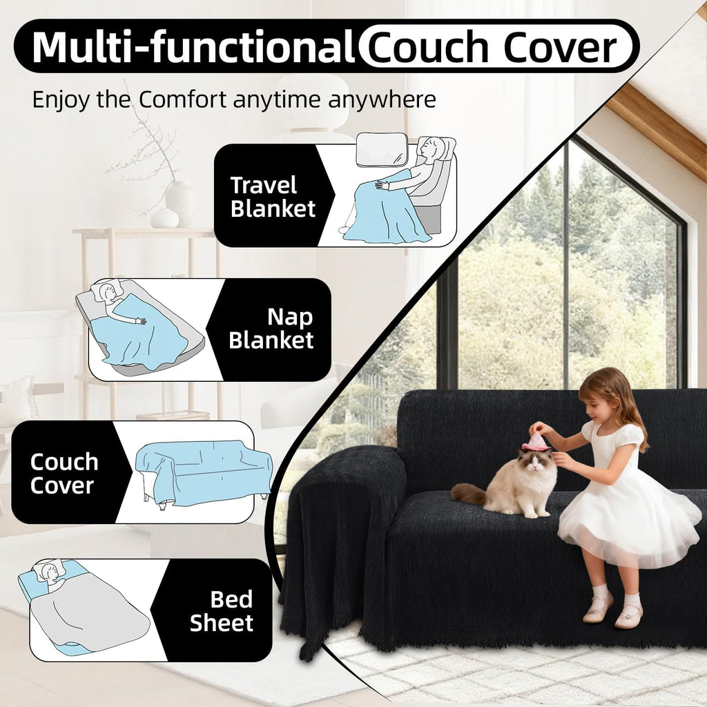1OO% Waterproof Corner Sectional Couch Covers L Shape Chenille Sectional Sofa Cover with Tassel Soft Thick Washable Sofa Slipcover Furniture Protector for Dogs Pets (91' x 276', Dark Black)