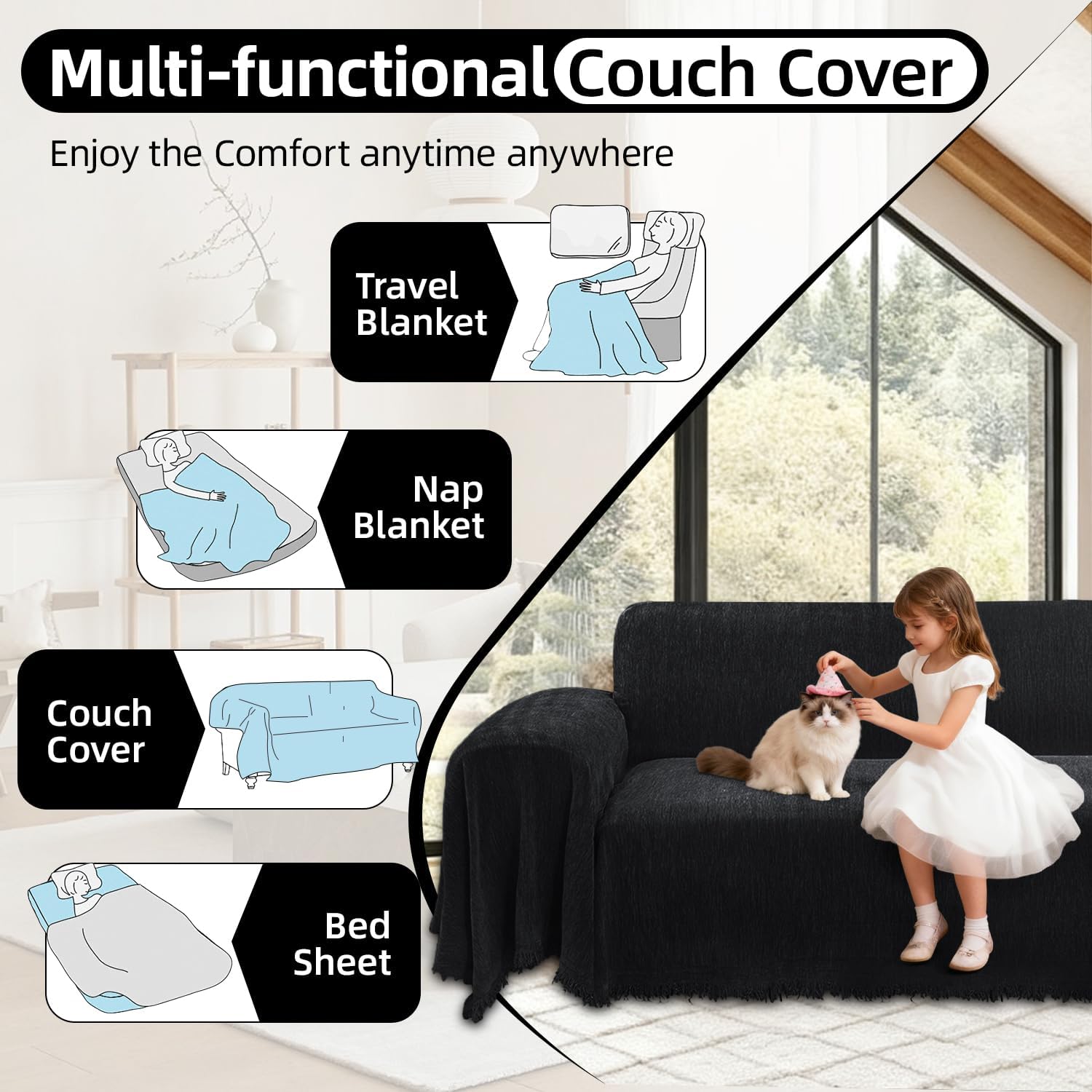 1OO% Waterproof Corner Sectional Couch Covers L Shape Chenille Sectional Sofa Cover with Tassel Soft Thick Washable Sofa Slipcover Furniture Protector for Dogs Pets (91' x 276', Dark Black)