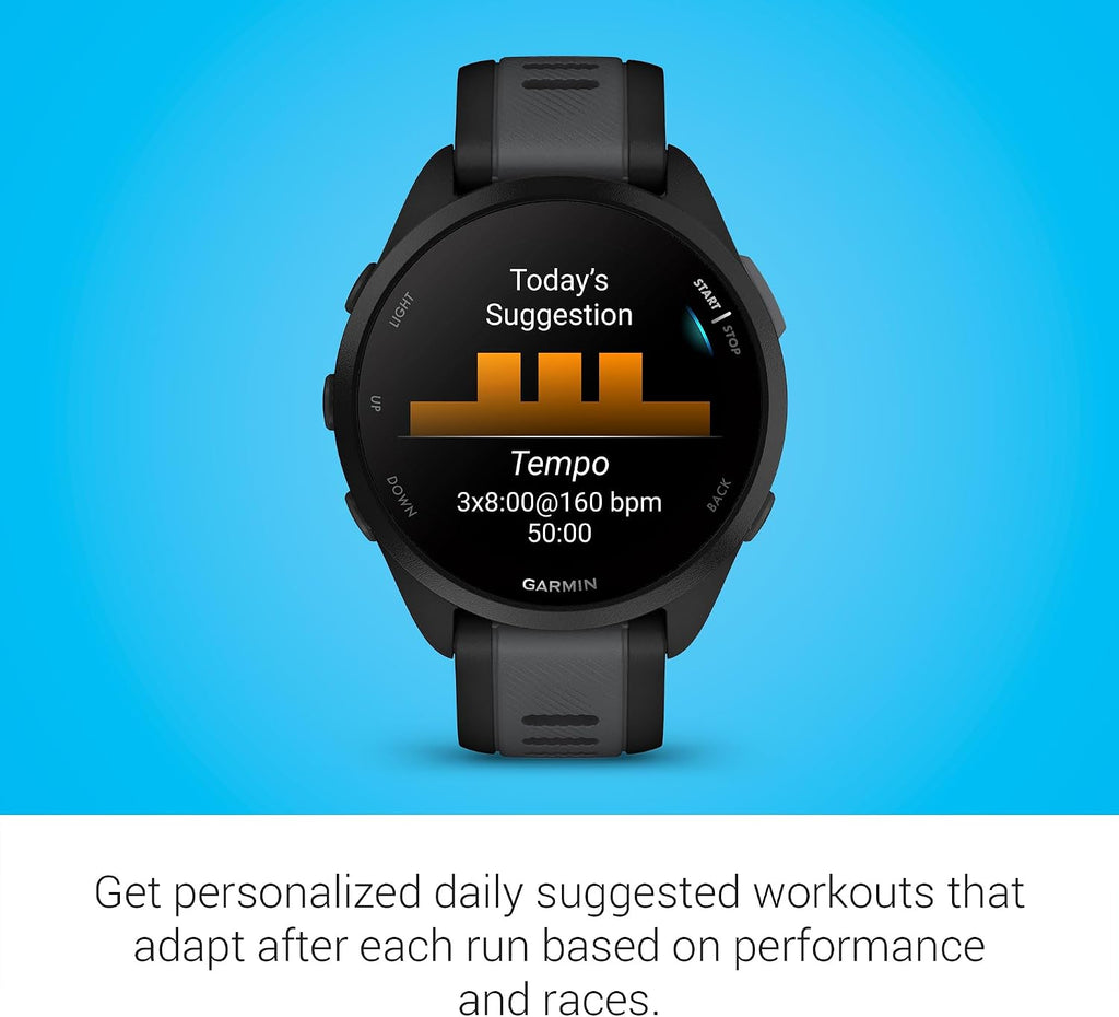 Garmin Forerunner 165 GPS Smartwatch, Black/Slate Gray | AMOLED Display, Daily Workouts, PacePro | Signature Series Modern Power Stand Bundle