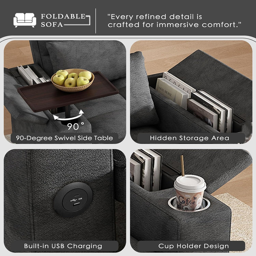 Dreamzie 65'' Convertible Sleeper Sofa Bed with 90° Swivel Side Table, Chenille Pull Out Couch for Living Room, Loveseat Sleeper with Hidden Storage Space | Charging Port | Cup Holders, Grey