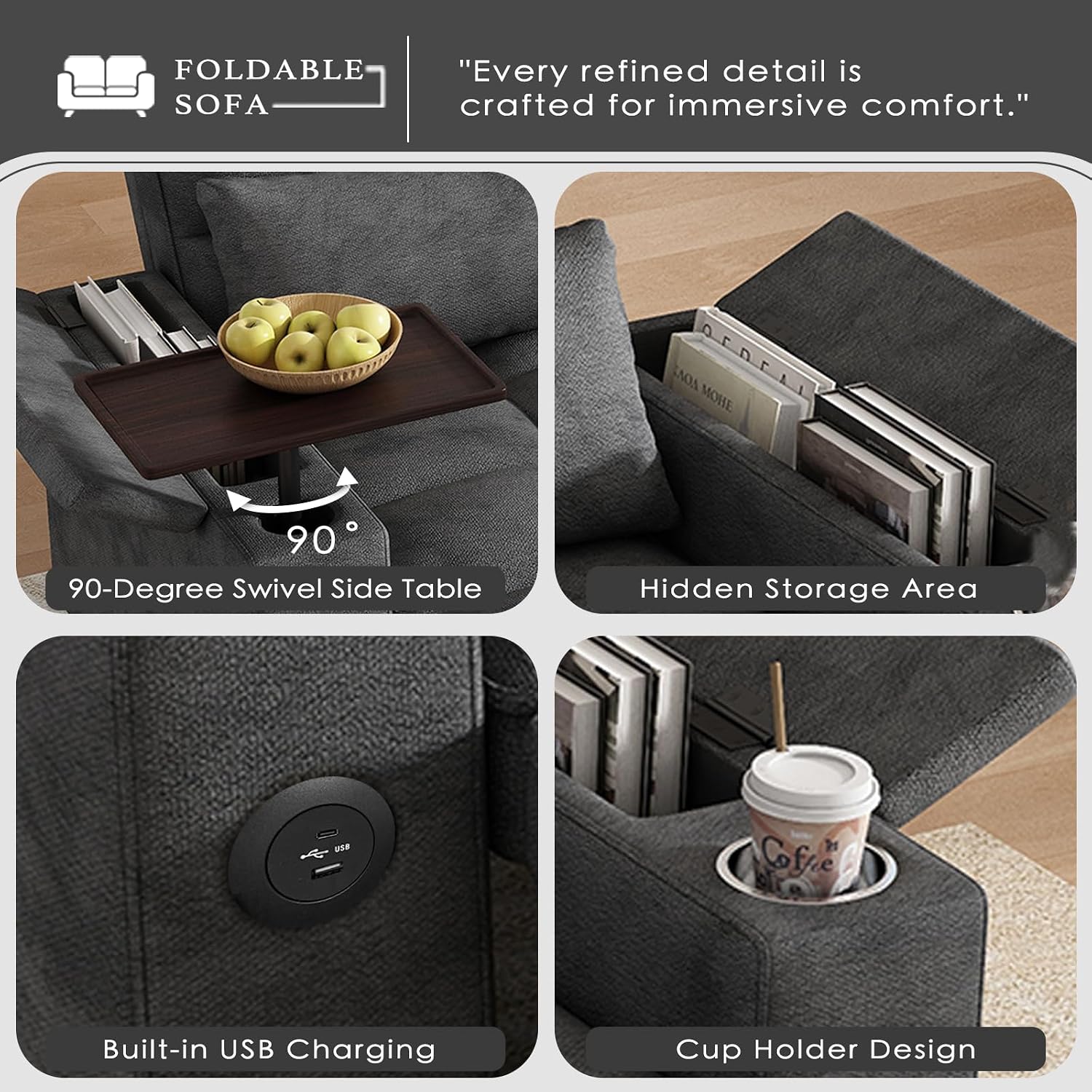 Dreamzie 65'' Convertible Sleeper Sofa Bed with 90° Swivel Side Table, Chenille Pull Out Couch for Living Room, Loveseat Sleeper with Hidden Storage Space | Charging Port | Cup Holders, Grey