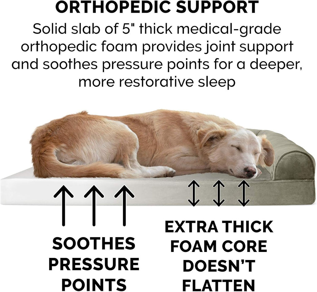 Furhaven Orthopedic Dog Bed for Large Dogs w/ Removable Bolsters & Washable Cover, For Dogs Up to 125 lbs - Faux Fur & Velvet Sofa - Dark Sage, Jumbo Plus/XXL