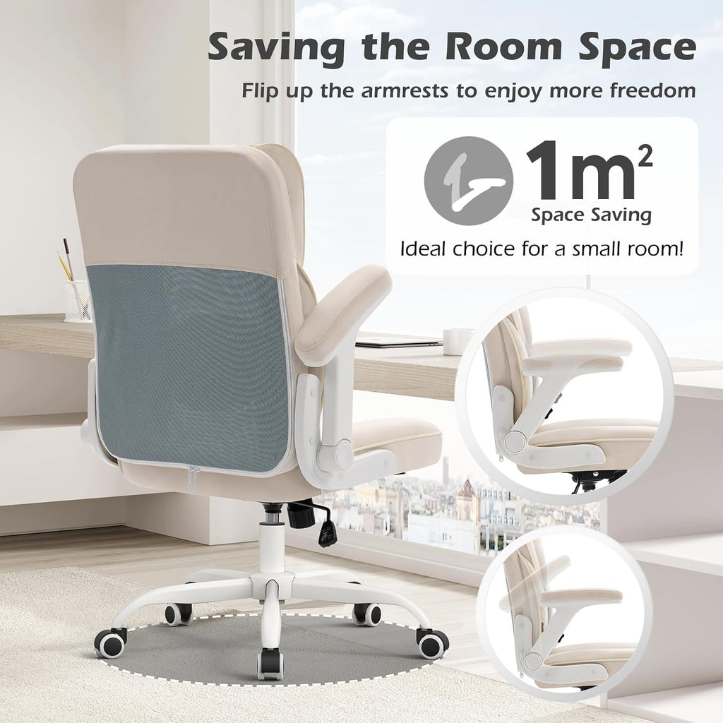 SEATZONE Home Office Desk Chairs with Wheels and Armrests,Office Chair Comfortable Ergonomic Mesh with Teddy Fleece Fabric Executive Computer Chairs for Adults and Teens,Beige
