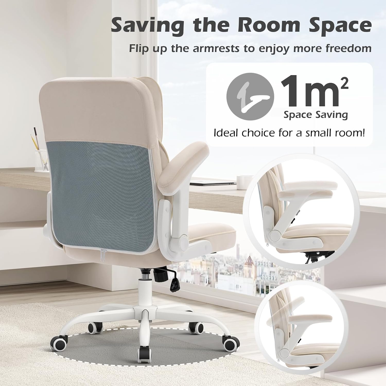 SEATZONE Home Office Desk Chairs with Wheels and Armrests,Office Chair Comfortable Ergonomic Mesh with Teddy Fleece Fabric Executive Computer Chairs for Adults and Teens,Beige