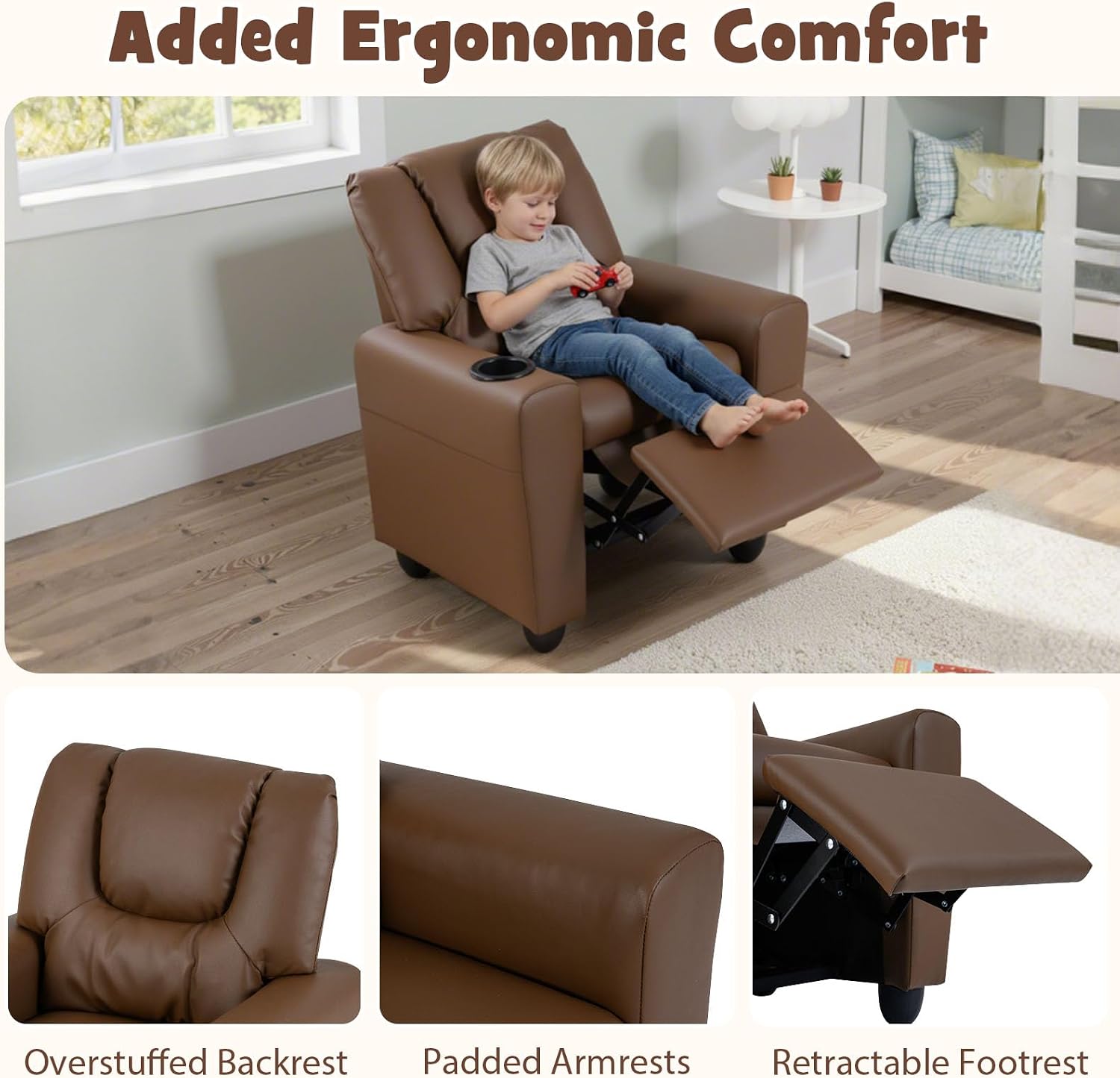 GLACER Kids Recliner with Cup Holder, PU Leather Toddler Lounge Chair w/Adjustable Backrest & Footrest, Spring-Loaded Seat Cushion, Push Back Toddler Sofa for Boys & Girls Ages 3+ Years Old (Brown)