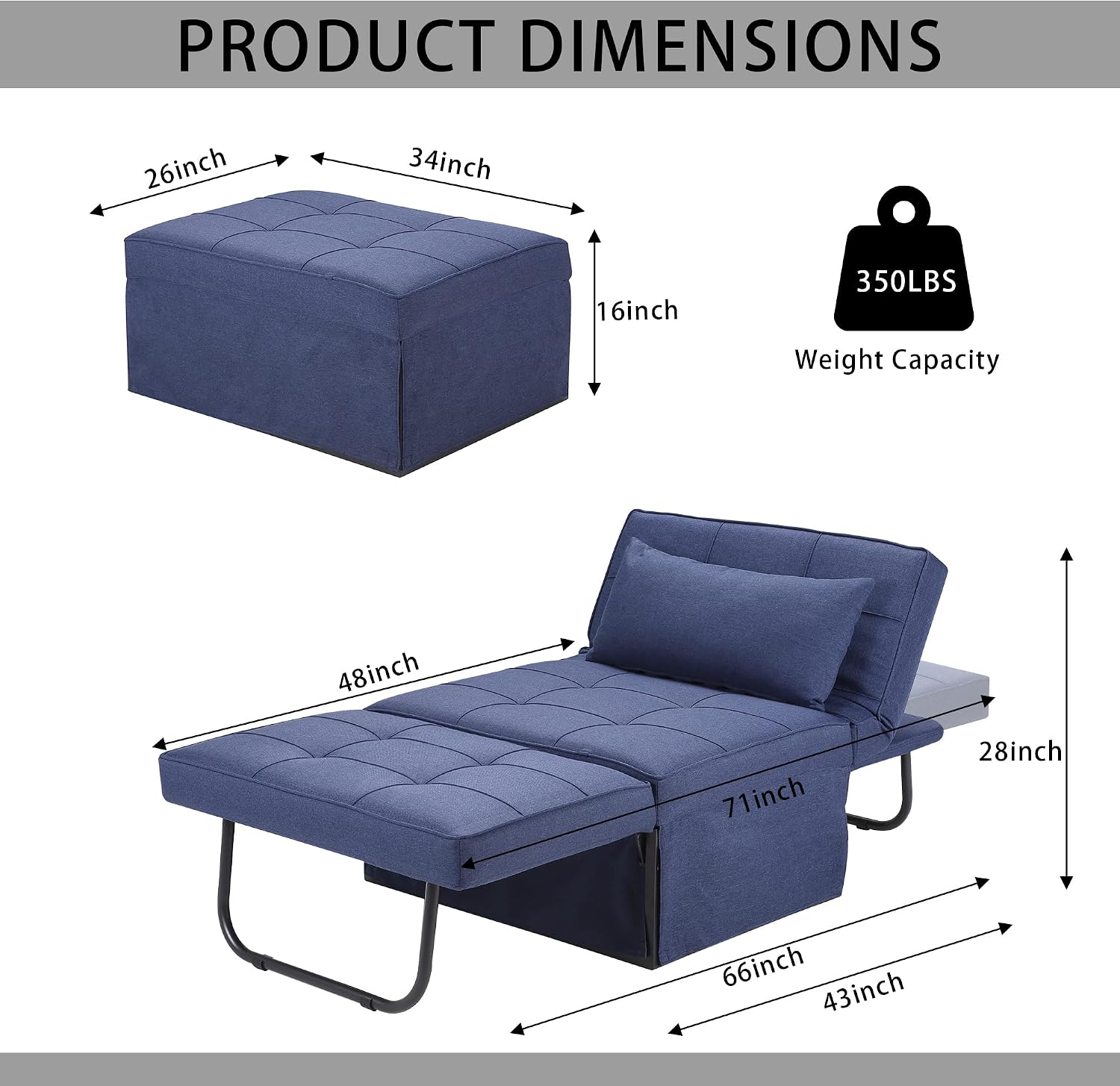 BIGSYY Sofa Bed, Set of 4 in 1 Multi-Function Folding Ottoman Breathable Linen Couch Bed with Adjustable Backrest Modern Convertible Chair for Living Room Apartment Office, Blue