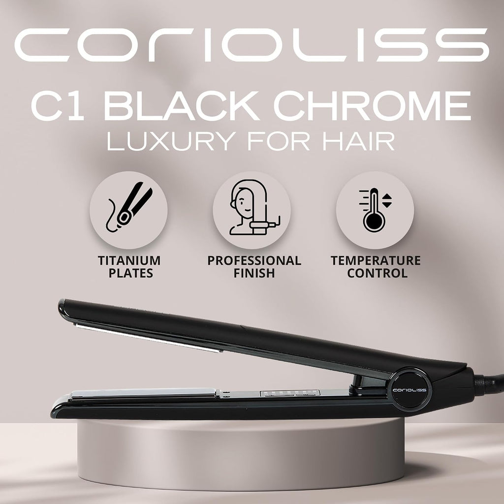 Corioliss C1 Flat Iron Hair Straightener Professional Titanium Plates Temperature Control Travel Case (Black Soft Touch Chrome)