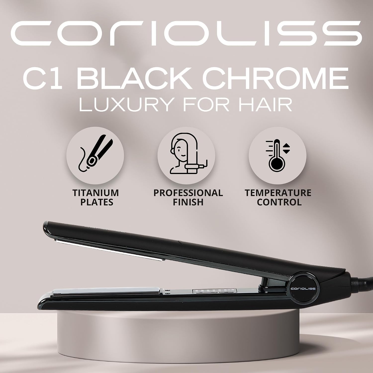 Corioliss C1 Flat Iron Hair Straightener Professional Titanium Plates Temperature Control Travel Case (Black Soft Touch Chrome)