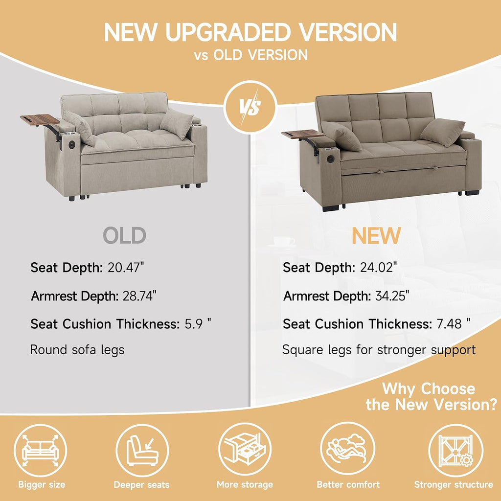 Auvsoce 65' Sleeper Sofa Bed Loveseat, Convertible Couch for Living Room, RV Sofa with Adjustable Backrest, Chaise Lounge, Side Table, USB & Type-C Ports
