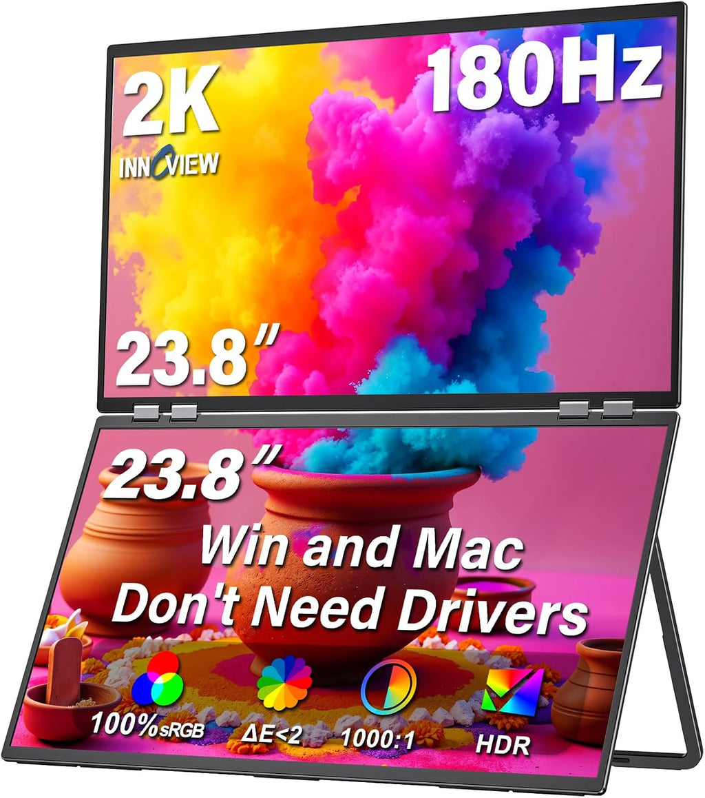 InnoView 23.8' Dual Portable Monitor 180Hz 2560 x 1440P 2K 100% sRGB - Foldable & Stackable Design with 315° Screen Adjustment & 180° Stand | USB-C/HDMI, Dual Monitor for Laptop, Mac, Windows