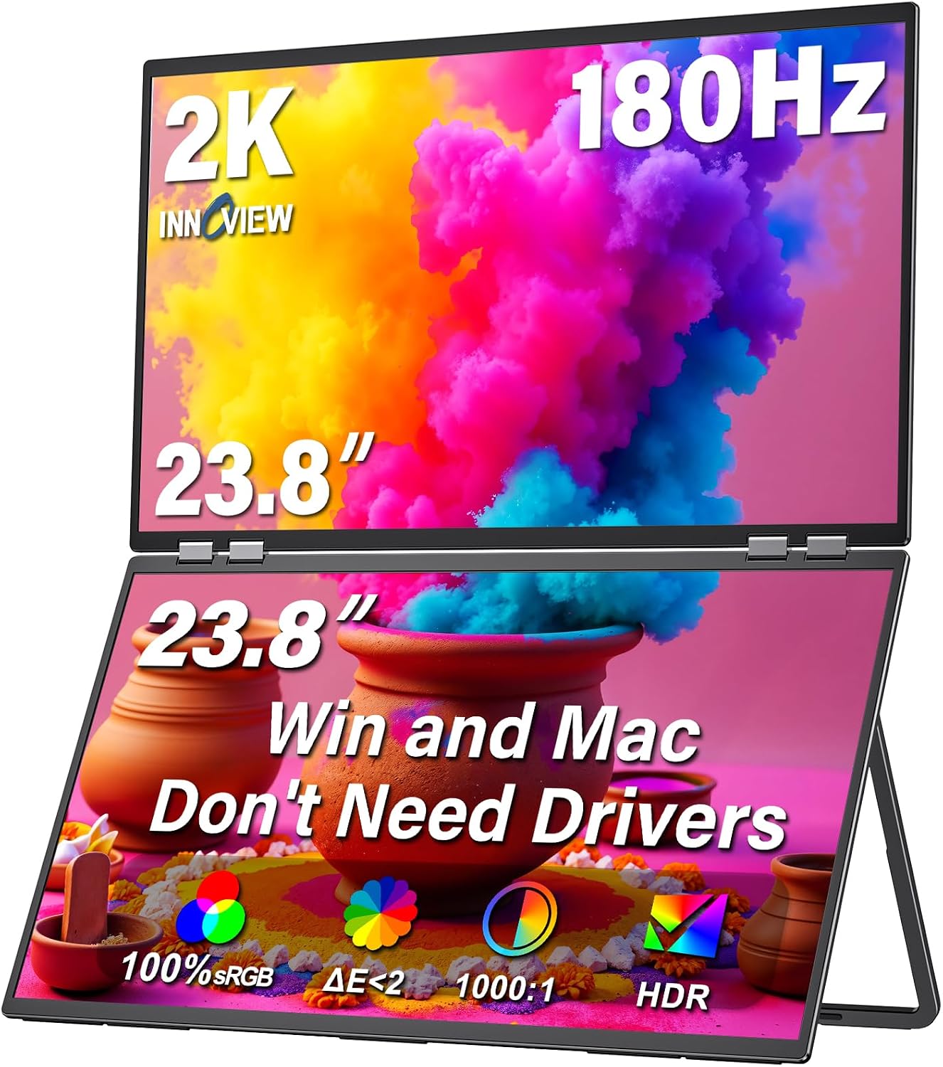 InnoView 23.8' Dual Portable Monitor 180Hz 2560 x 1440P 2K 100% sRGB - Foldable & Stackable Design with 315° Screen Adjustment & 180° Stand | USB-C/HDMI, Dual Monitor for Laptop, Mac, Windows