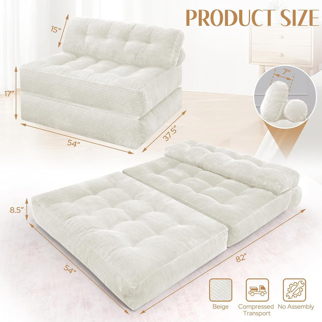 HABUTWAY Folding Sofa Bed, Foldable Floor Sofa Lounge w/Dual-Pillow & Handle, Convertible Sleeper Chair Bed w/Back Support for Living Room, Bedroom, Apartment, Office, Beige, Full