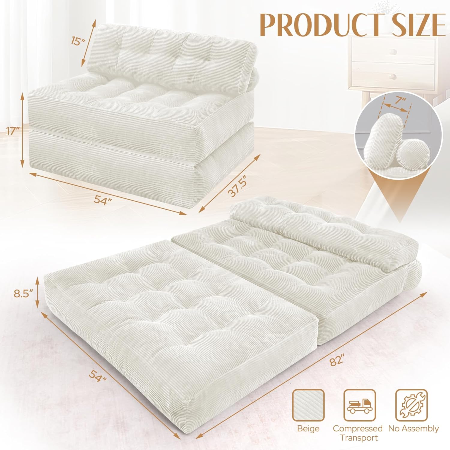 HABUTWAY Folding Sofa Bed, Foldable Floor Sofa Lounge w/Dual-Pillow & Handle, Convertible Sleeper Chair Bed w/Back Support for Living Room, Bedroom, Apartment, Office, Beige, Full