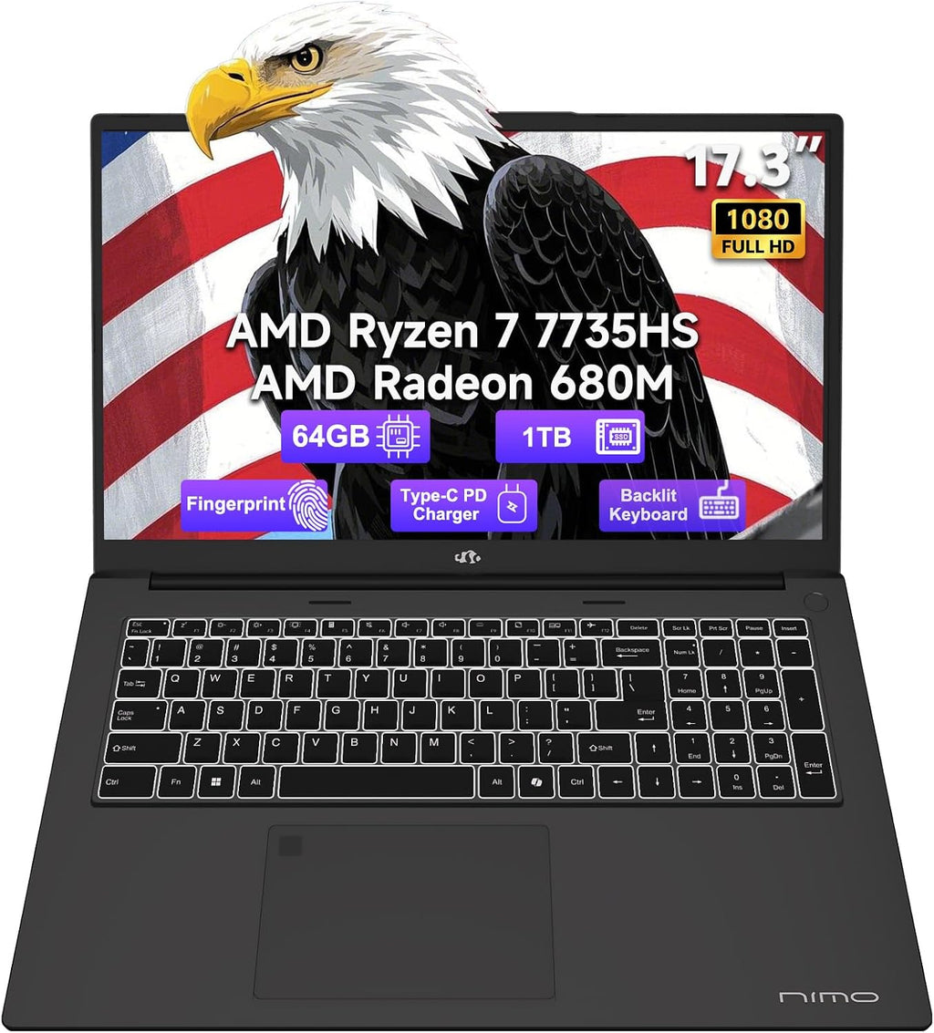 NIMO 17.3-Laptop, AMD Ryzen 7 7735HS (8C/16T) Radeon 680M, 64GB DDR5 RAM 1TB SSD, 100W PD Type-C Fast Charging, Wi-Fi 6E BT 5.2, Fingerprint Unlock, Backlit Keyboard for Business Student Light Gaming
