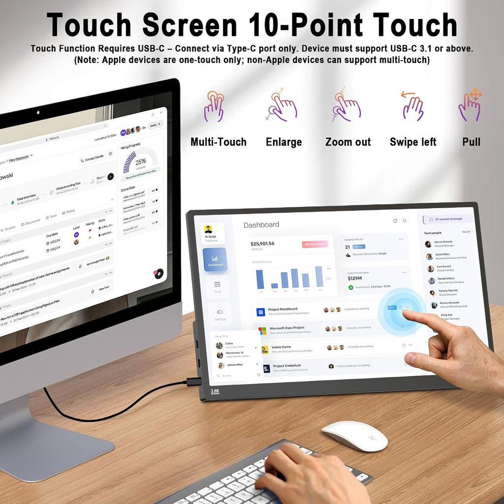 IBW 15.6' 2.8K 100Hz Portable Monitor Touchscreen, QHD 2880x1620 IPS Gaming Display, 300 Nits 100% sRGB HDR FreeSync, USB-C HDMI External Second Screen for Laptop PC Phone Switch PS5