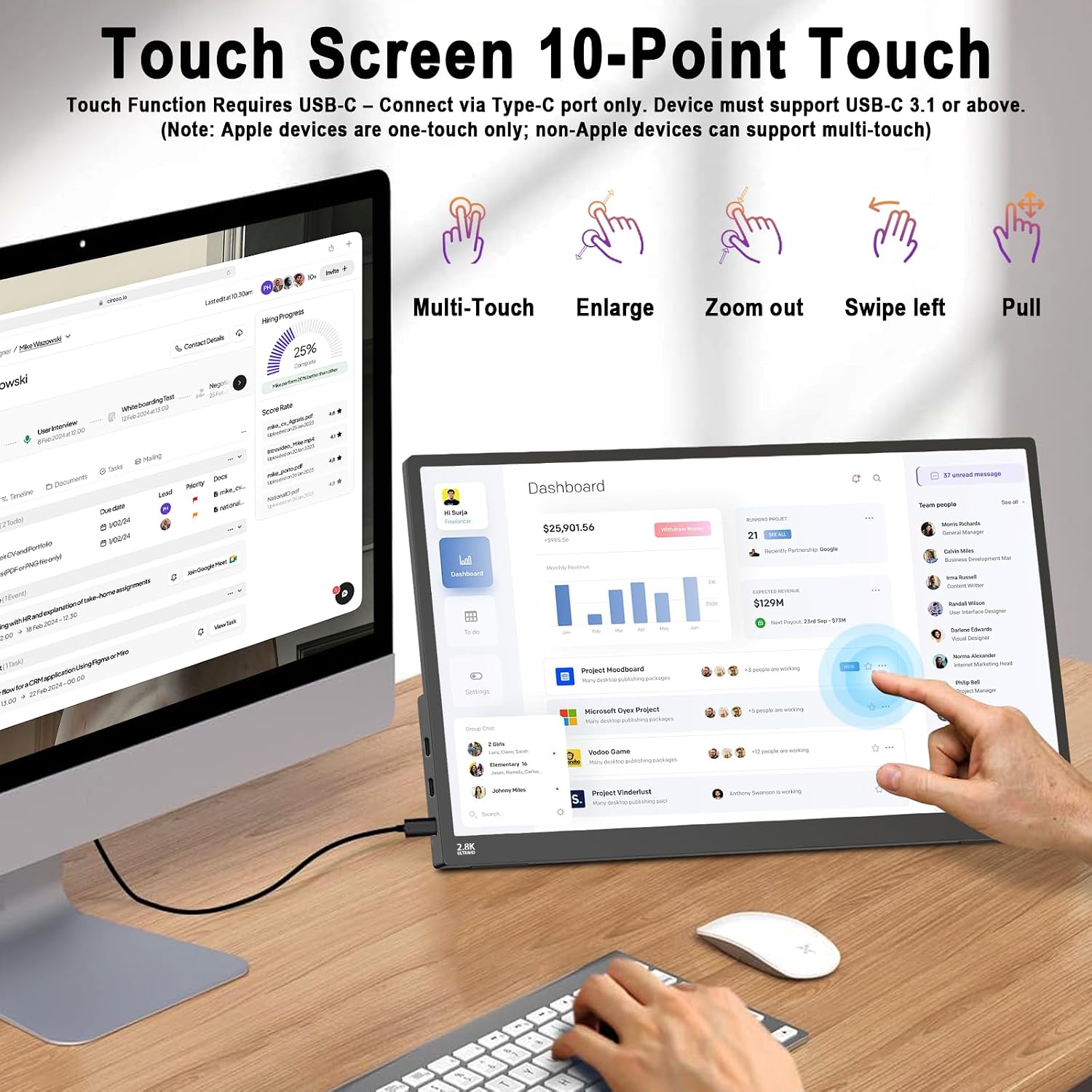 IBW 15.6' 2.8K 100Hz Portable Monitor Touchscreen, QHD 2880x1620 IPS Gaming Display, 300 Nits 100% sRGB HDR FreeSync, USB-C HDMI External Second Screen for Laptop PC Phone Switch PS5