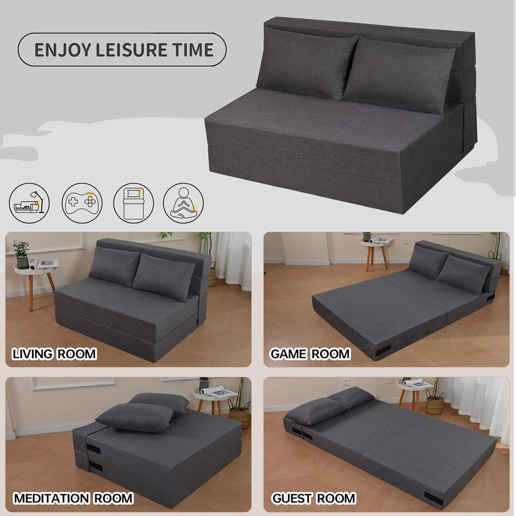 Fvkind Folding Sofa Bed, Foldable Bed Sleeper Chair with Pillow, Convertible Sofa Bed with Washable Cover, Fold Out Couch, Futon Sofa Bed for Living Room, Dorm, Guest Room, Standard Size, Dark Grey