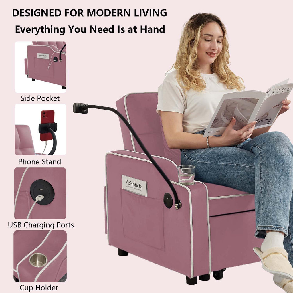 Convertible Sofa Bed, 3 in 1 Futon Sofa Bed with USB Charging Ports, Cup Holder, Phone Stand & Pocket, Modern Upholstered Sleeper Sofa for Living Room, Apartment or Small Space (Pink)