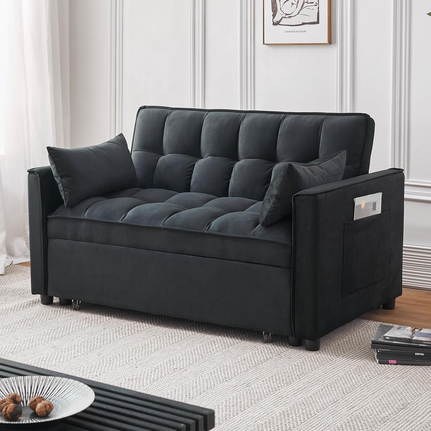 Futon Sofa Bed,Modern 3 in 1 Convertible Sleeper Sofa, Pull Out Couch Bed with Adjustable Backrest, Storage Pockets and Toss Pillows for Living Room, Bedroom (Black)