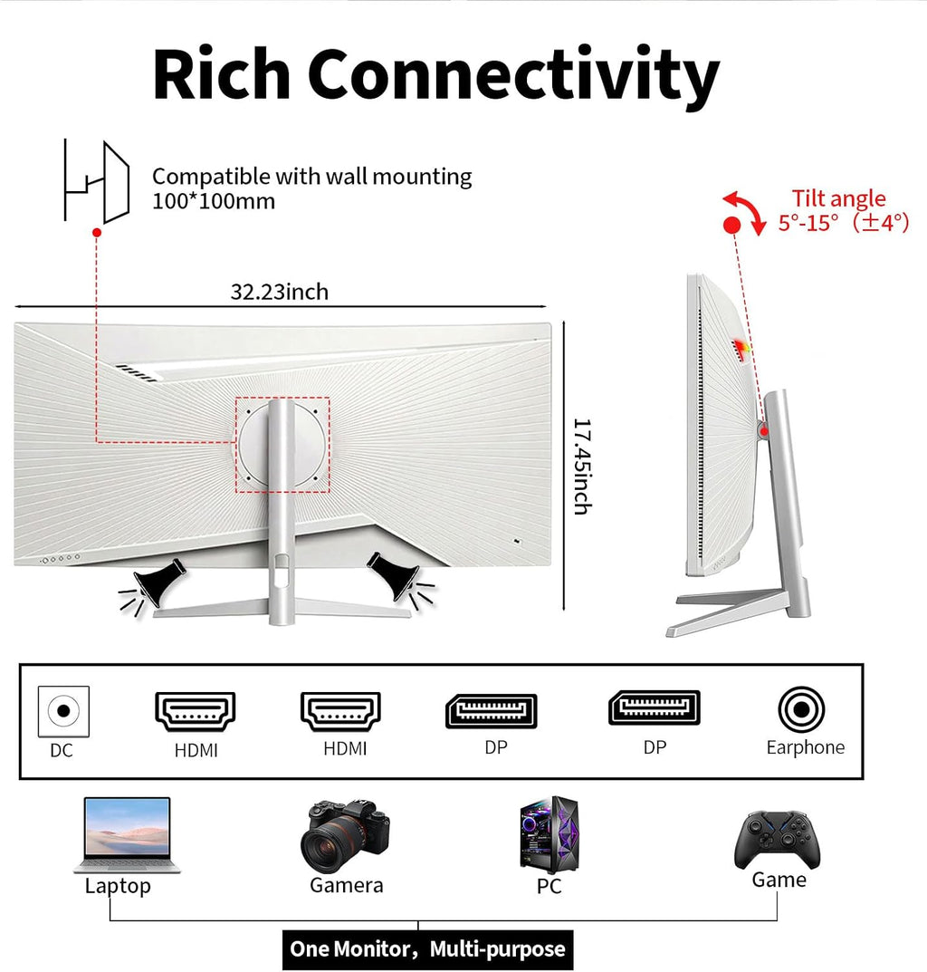 34'' Ultrawide Curved Monitor-WQHD 3440x1440 Resolution,100Hz, IPS Panel, Built-in Speakers,3800R Curvature,HDR10,AMD FreeSync Premium,21:9 Aspect Ratio,Low Blue Light,Flicker-Free Technology-White