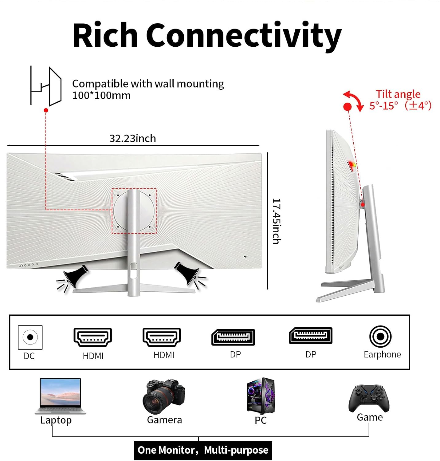 34'' Ultrawide Curved Monitor-WQHD 3440x1440 Resolution,100Hz, IPS Panel, Built-in Speakers,3800R Curvature,HDR10,AMD FreeSync Premium,21:9 Aspect Ratio,Low Blue Light,Flicker-Free Technology-White