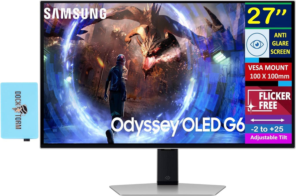 Samsung Odyssey OLED G6 27' QHD Gaming Monitor 360Hz Display with Anti-Glare, Flicker Free, VESA Mount (100mm), HDMI, Displayport & Dockztorm USB Port Expander, Silver Color (LS27DG602SNXZA)