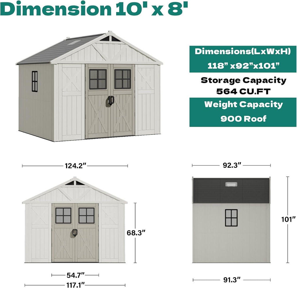 Devoko 10x8 FT Resin Outdoor Storage Shed with Floor for Patio Backyard Lawn, Beige