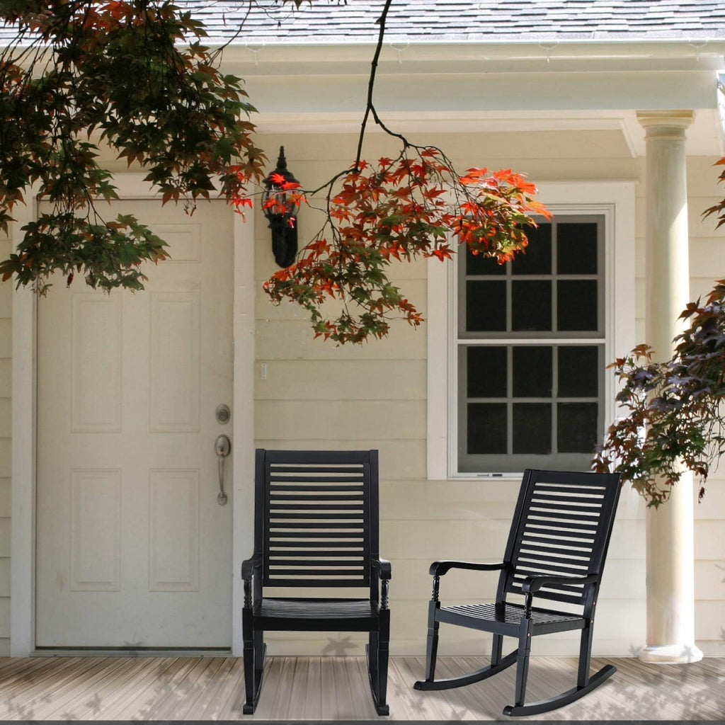PHI VILLA Outdoor Rocking Chairs Set of 2, Acacia Wood Rocker Chairs for Patio, Deck, Balcony or Porch, 30° Safe Recline Support 350lbs - Black