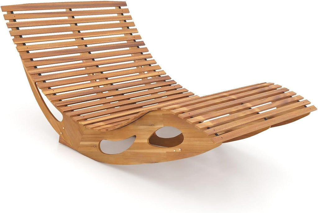 RELAX4LIFE Rocking Double Chaise Lounge, Acacia Wood Sun Bed Lounger w/Slatted Seat, Bottom Stopper, Indoor Outdoor Loveseat Rocker for Pool Patio, 440LBS Capacity, Wooden Rocking Lounge Chair (1)