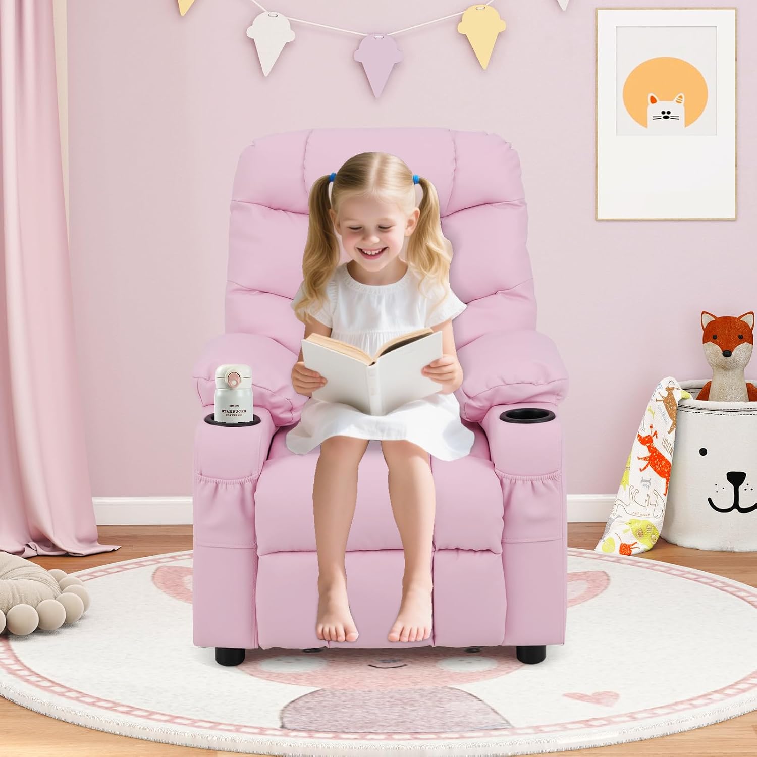 GLACER Kids Recliner Chair w/Cup Holder & Side Pockets, Children Recliner w/Comfortable Backrest, Armrests & Footrest, Toddler PU Leather Recliner for Boys Girls, 3+ Age Group (Pink)