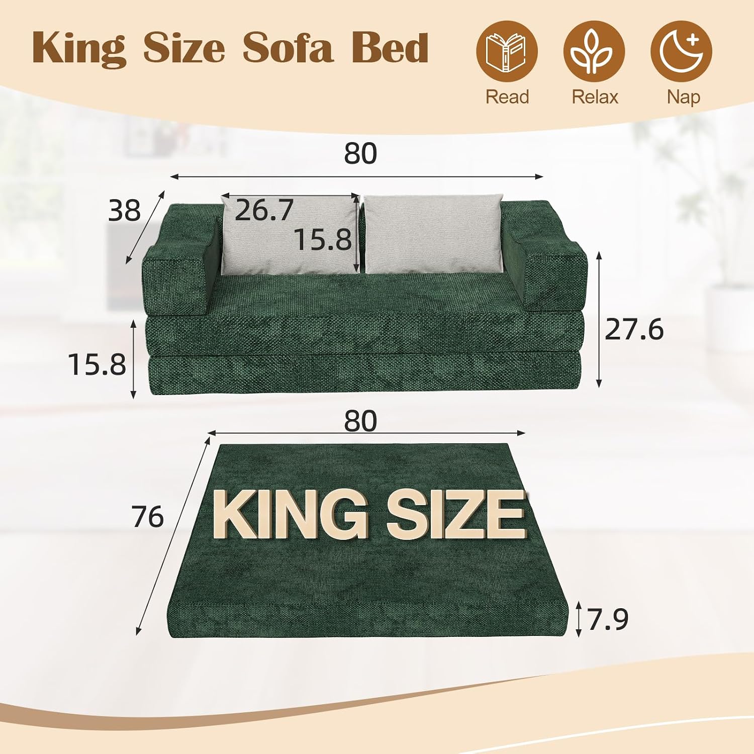 80' Convertible Folding Sofa Bed, 4-in-1 DIY Combination Fold Out Sleeper Sofa Bed King Size, Loveseat sleeper Couch w/ Removable Armrests, Chenille Floor Couch, Small couches for small spaces (Green)