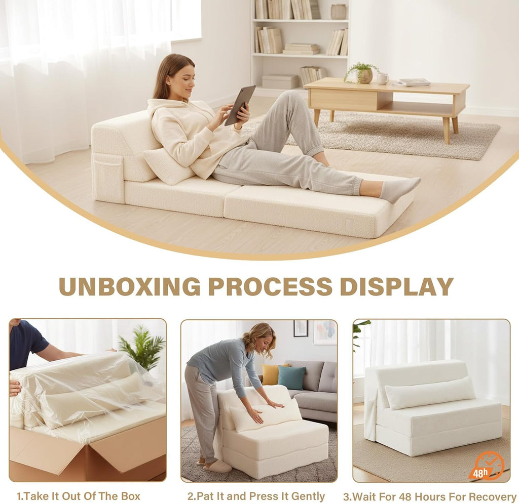 Tiita Convertible Folding Sofa Bed Single Size for Adults with Pillow, Plush Fabric Floor Mattress Couch Bed, Washable Cover & Side Pocket, Guest Room, Dorm, Apartment, Living Room, Beige